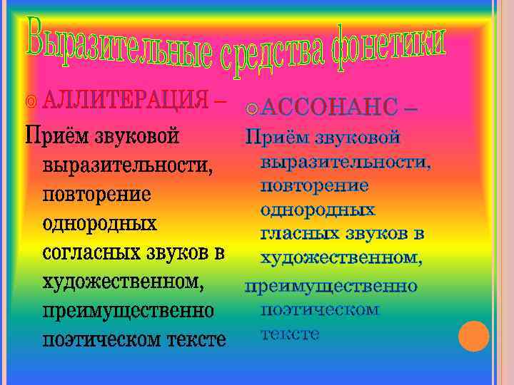  АССОНАНС – Приём звуковой выразительности, повторение однородных гласных звуков в художественном, преимущественно поэтическом