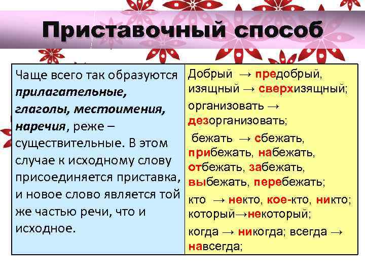 Выпишите слова в колонки образованные приставочным способом