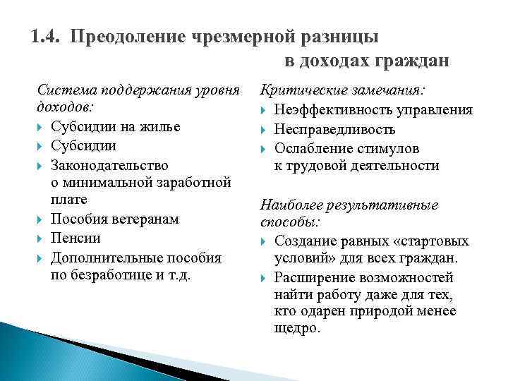 1. 4. Преодоление чрезмерной разницы в доходах граждан Система поддержания уровня Критические замечания: доходов: