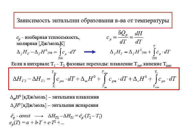   Зависимость энтальпии образования в-ва от температуры cp - изобарная теплоемкость, молярная [Дж/моль.