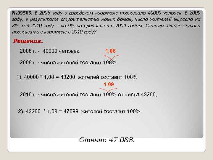 № 99565. В 2008 году в городском квартале проживало 40000 человек. В 2009 году,