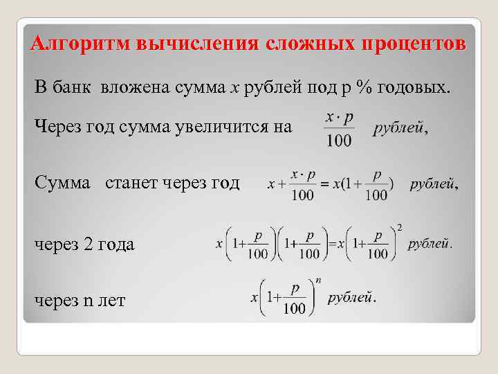 Алгоритм вычисления сложных процентов В банк вложена сумма х рублей под р % годовых.