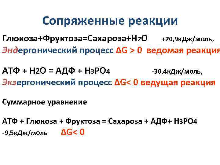  Сопряженные реакции Глюкоза+Фруктоза=Сахароза+Н 2 О +20, 9 к. Дж/моль, Эндергонический процесс ∆G >