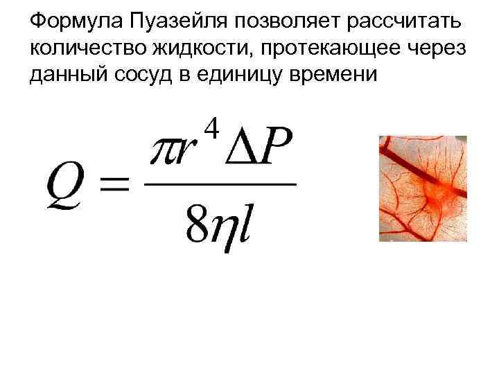 Формула Пуазейля позволяет рассчитать количество жидкости, протекающее через данный сосуд в единицу времени Формула Пуазейля позволяет рассчитать количество жидкости, протекающее через данный сосуд в единицу времени