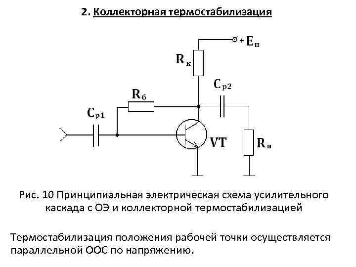 Схема коллекторной температурной стабилизации положения рабочей точки транзистора основана на обратной связи