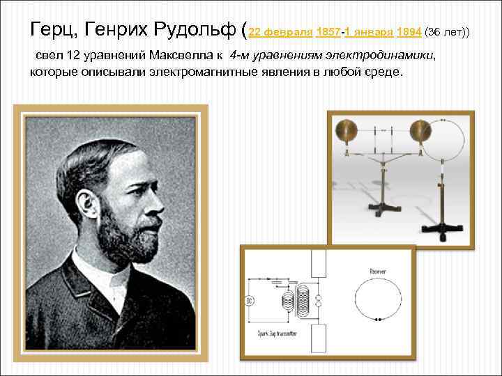 Герц, Генрих Рудольф (22 февраля 1857 -1 января 1894 (36 лет)) свел 12 уравнений