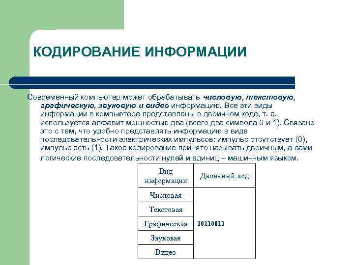  КОДИРОВАНИЕ ИНФОРМАЦИИ Современный компьютер может обрабатывать числовую, текстовую, графическую, звуковую и видео информацию.