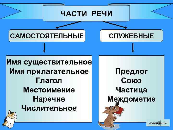  ЧАСТИ РЕЧИ САМОСТОЯТЕЛЬНЫЕ СЛУЖЕБНЫЕ Имя существительное Имя прилагательное Предлог Глагол Союз Местоимение Частица