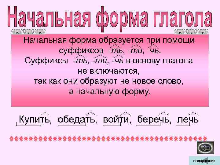 Начальная форма образуется при помощи суффиксов -ть, -ти, -чь. Суффиксы -ть, -ти, -чь в