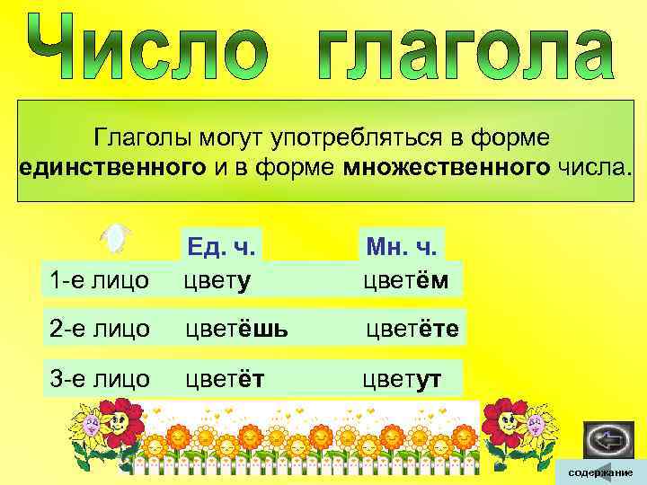  Глаголы могут употребляться в форме единственного и в форме множественного числа. Ед. ч.