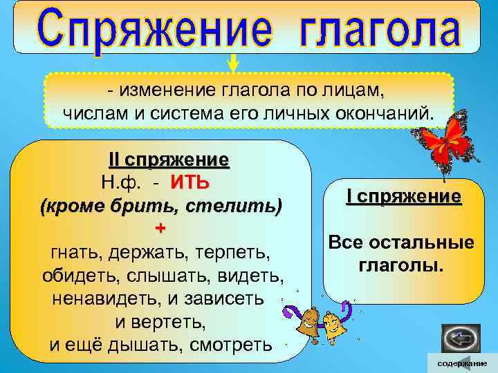  - изменение глагола по лицам, числам и система его личных окончаний. II спряжение