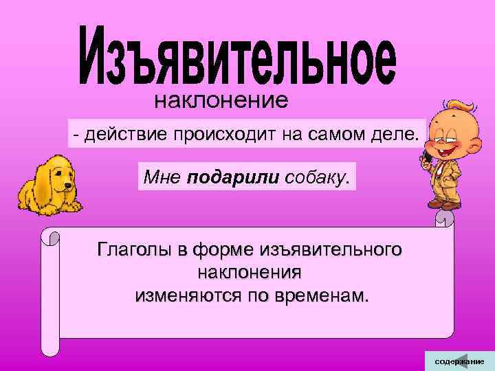  наклонение - действие происходит на самом деле. Мне подарили собаку. Глаголы в форме