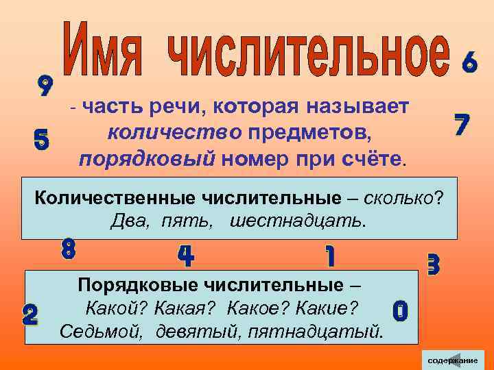  - часть речи, которая называет количество предметов, порядковый номер при счёте. Количественные числительные