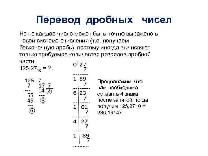  Перевод дробных чисел Но не каждое число может быть точно выражено в новой