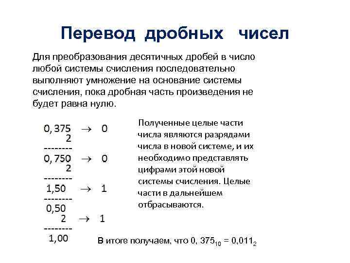  Перевод дробных чисел Для преобразования десятичных дробей в число любой системы счисления последовательно