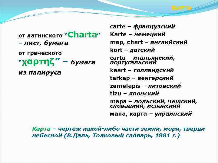      КАРТА     carte – французский от