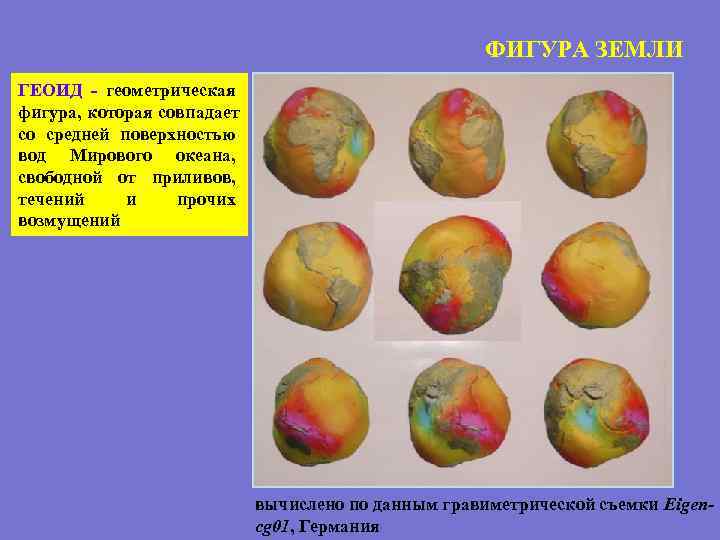  ФИГУРА ЗЕМЛИ ГЕОИД - геометрическая фигура, которая совпадает со средней поверхностью вод Мирового