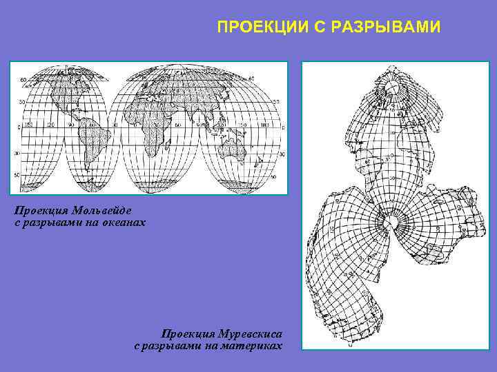  ПРОЕКЦИИ С РАЗРЫВАМИ Проекция Мольвейде с разрывами на океанах Проекция Муревскиса с разрывами