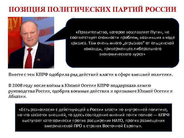 ПОЗИЦИЯ ПОЛИТИЧЕСКИХ ПАРТИЙ РОССИИ       «Правительство, которое возглавляет Путин,