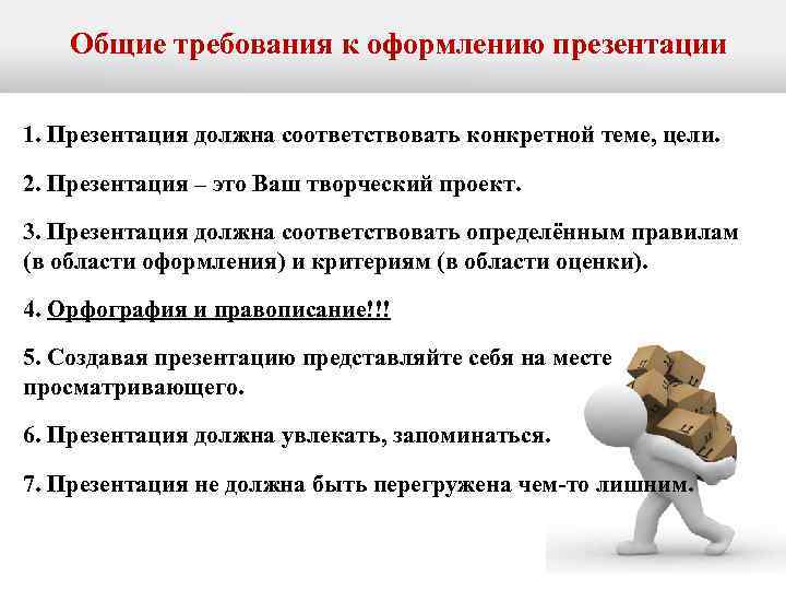   Общие требования к оформлению презентации  1. Презентация должна соответствовать конкретной теме,