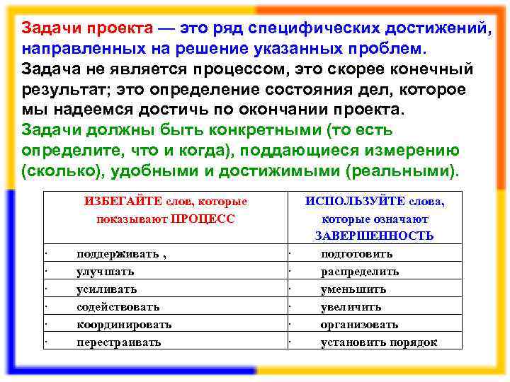 Задачи проекта — это ряд специфических достижений, направленных на решение указанных проблем. Задача не