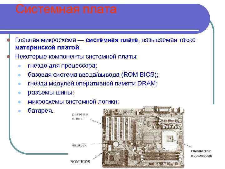  Системная плата l Главная микросхема — системная плата, называемая также материнской платой. l