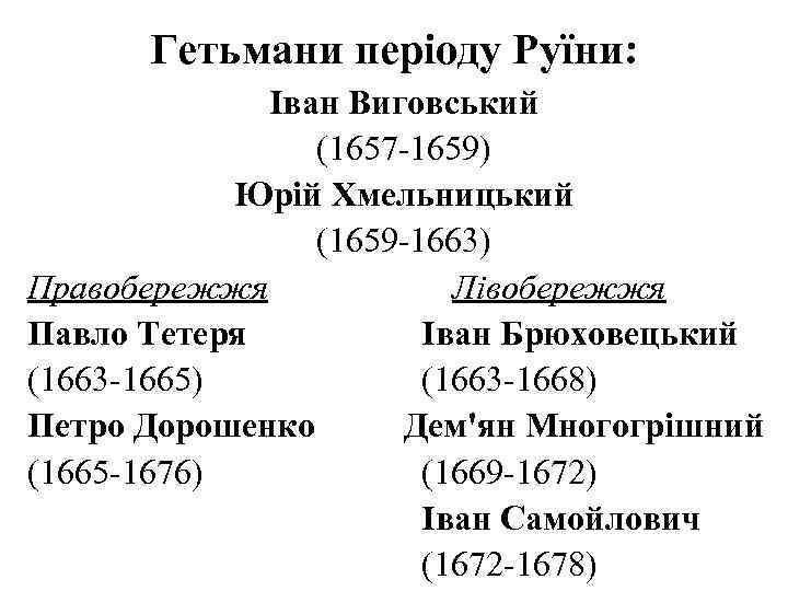  Гетьмани періоду Руїни: Іван Виговський (1657 -1659) Юрій Хмельницький (1659 -1663) Правобережжя Лівобережжя