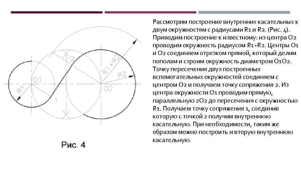 Рассмотрим построение внутренних касательных к двум окружностям с радиусами R 1 и R 2.