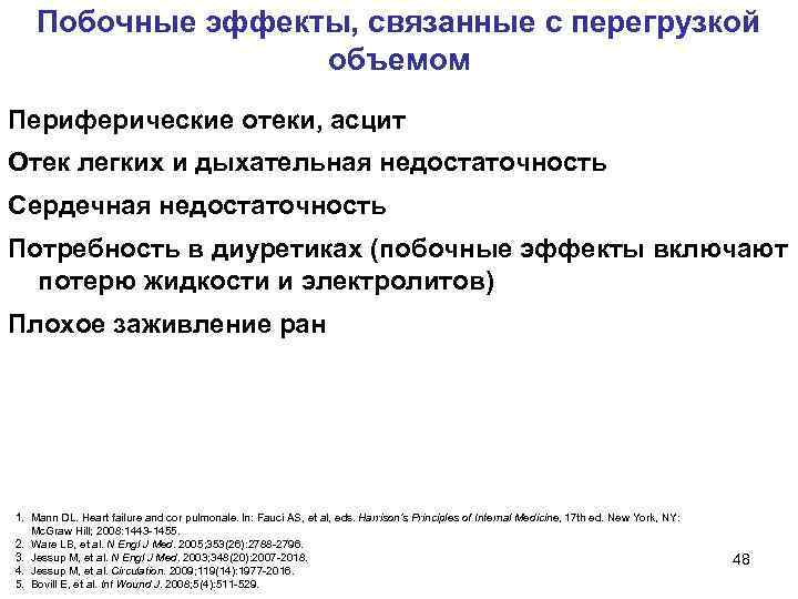  Побочные эффекты, связанные с перегрузкой объемом Периферические отеки, асцит Отек легких и дыхательная