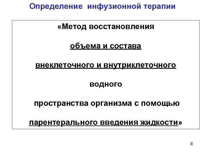 Определение инфузионной терапии «Метод восстановления объема и состава внеклеточного и внутриклеточного водного пространства организма