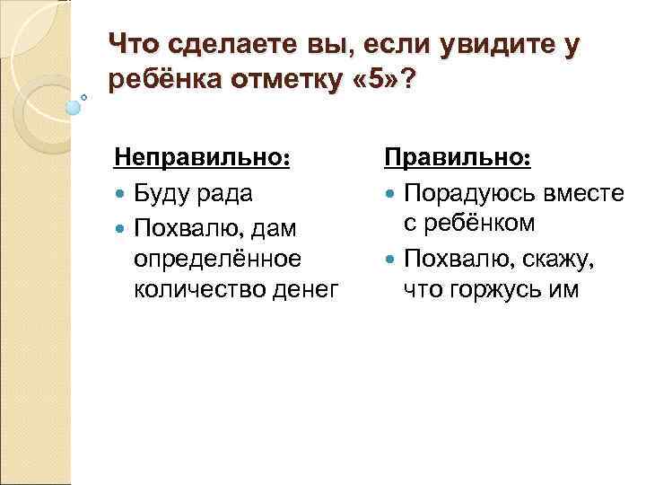 Что сделаете вы, если увидите у ребёнка отметку « 5» ? Неправильно: Правильно: Буду