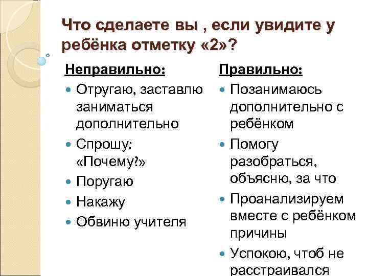 Что сделаете вы , если увидите у ребёнка отметку « 2» ? Неправильно: Правильно: