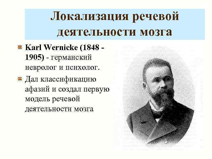  Локализация речевой  деятельности мозга Karl Wernicke (1848 - 1905) - германский невролог