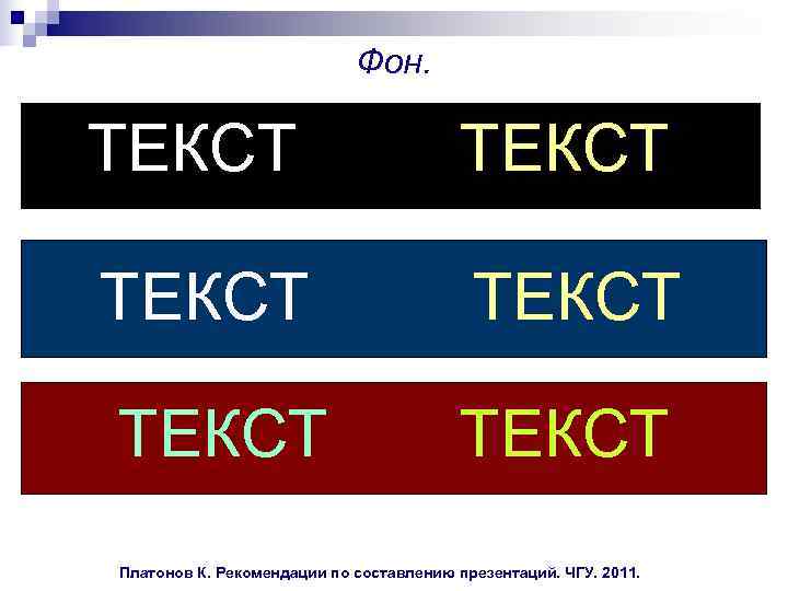  Фон. ТЕКСТ ТЕКСТ Платонов К. Рекомендации по составлению презентаций. ЧГУ. 2011. 