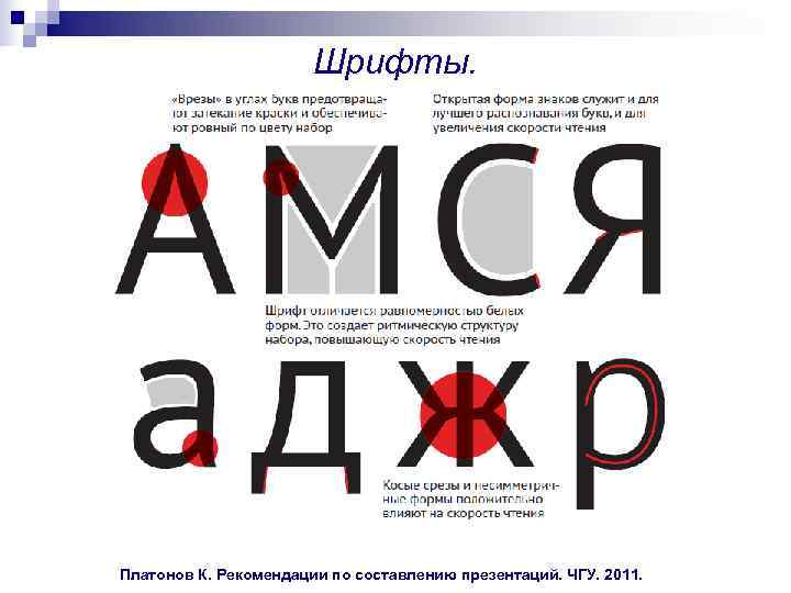  Шрифты. Платонов К. Рекомендации по составлению презентаций. ЧГУ. 2011. 