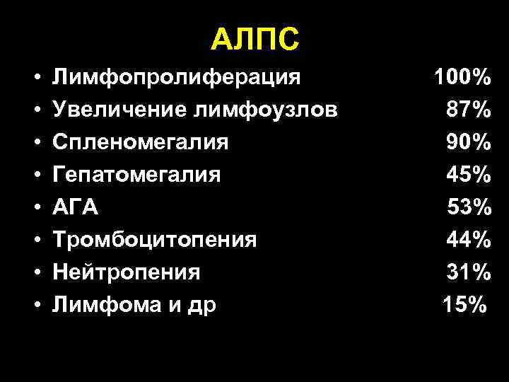  АЛПС • Лимфопролиферация 100% • Увеличение лимфоузлов 87% • Спленомегалия 90% • Гепатомегалия