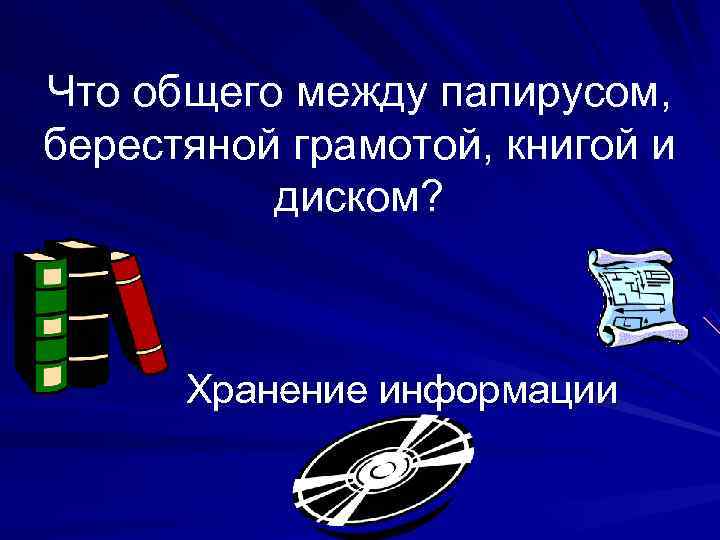 Что общего между папирусом, берестяной грамотой, книгой и  диском?  Хранение информации 
