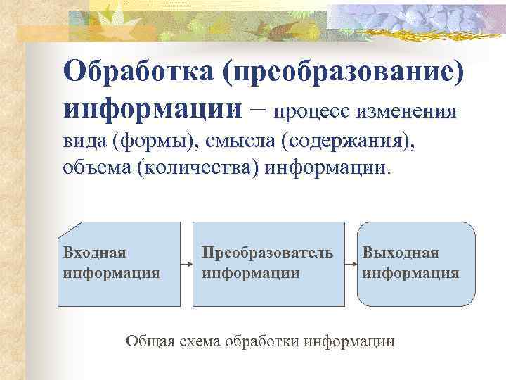 Обработка (преобразование) информации – процесс изменения вида (формы), смысла (содержания), объема (количества) информации. 