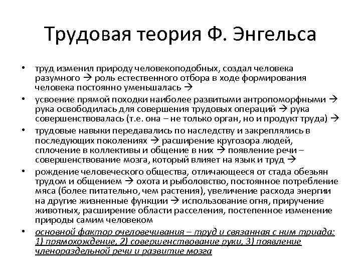   Трудовая теория Ф. Энгельса • тpуд изменил пpиpоду человекоподобных, создал человека 