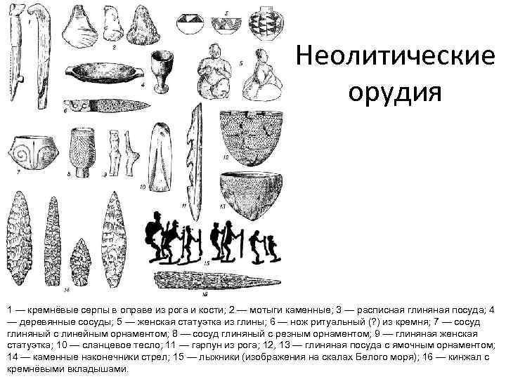  Неолитические орудия 1 — кремнёвые серпы в оправе из рога и кости; 2