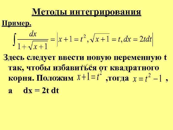  Методы интегрирования Пример. Здесь следует ввести новую переменную t так, чтобы избавиться от