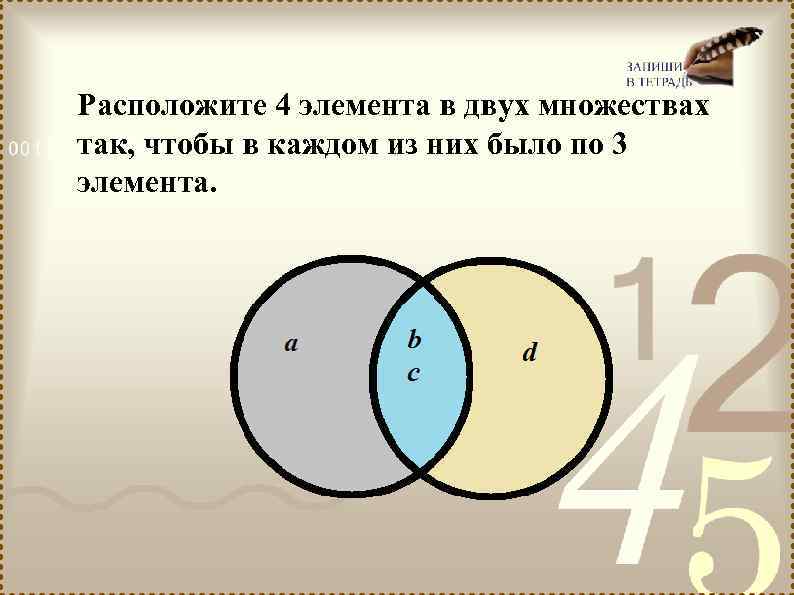 Расположите 4 элемента в двух множествах так, чтобы в каждом из них было по