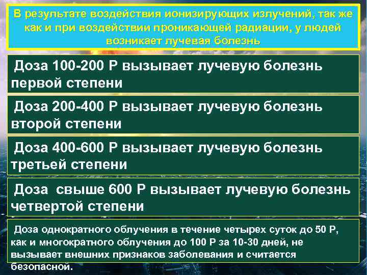 В результате воздействия ионизирующих излучений, так же как и при воздействии проникающей радиации, у