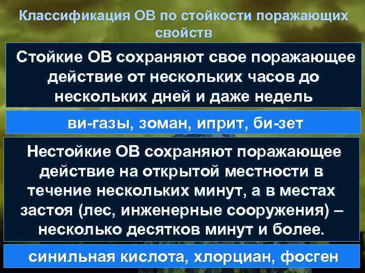 Классификация ОВ по стойкости поражающих свойств Стойкие ОВ сохраняют свое поражающее действие от нескольких