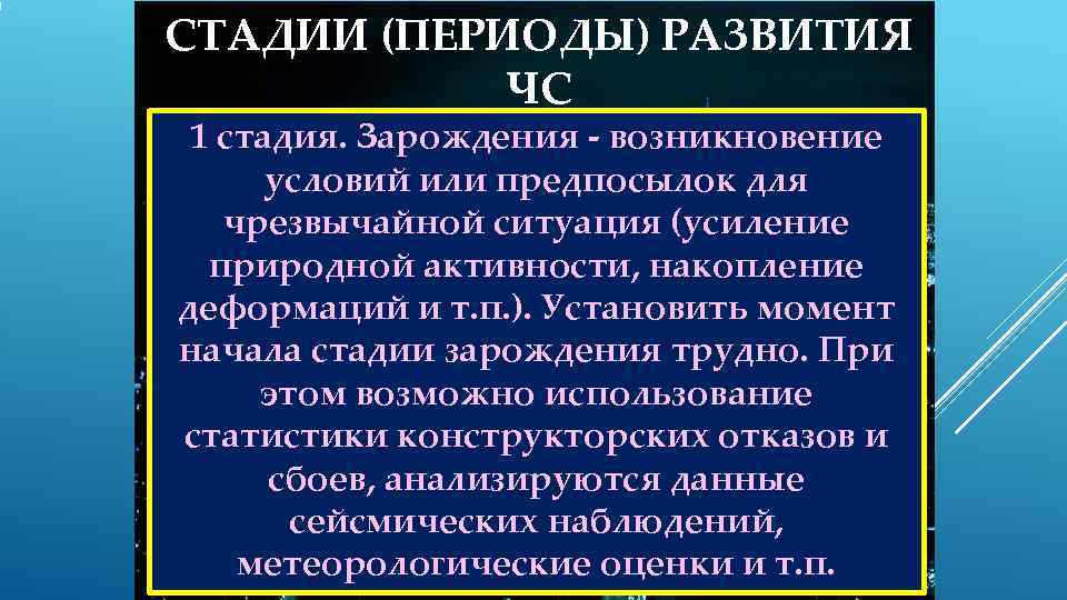 СТАДИИ (ПЕРИОДЫ) РАЗВИТИЯ   ЧС 1 стадия. Зарождения  возникновение  условий или
