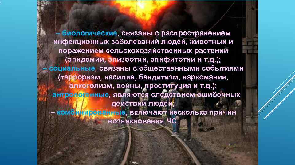  – биологические, связаны с распространением  инфекционных заболеваний людей, животных и поражением