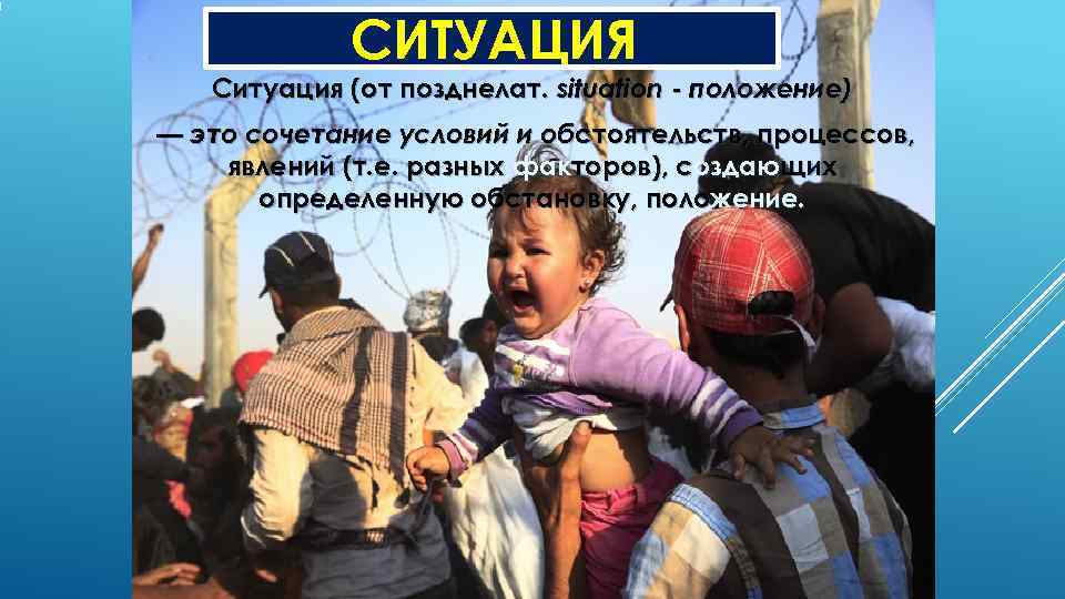    СИТУАЦИЯ  Ситуация (от позднелат. situation - положение) — это сочетание