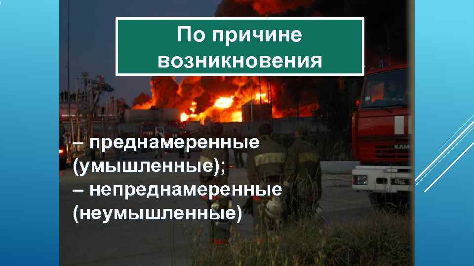   По причине  возникновения  – преднамеренные (умышленные); – непреднамеренные (неумышленные) 