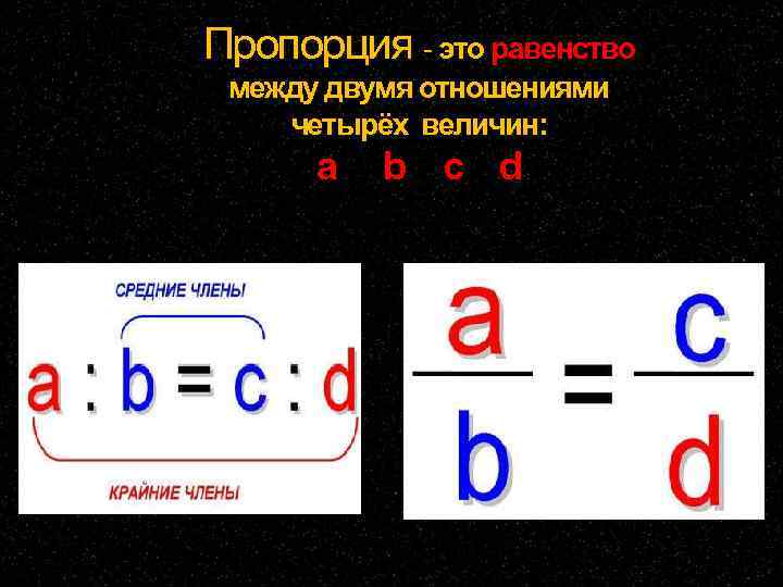 Пропорция - это равенство между двумя отношениями четырёх величин:  a  b c