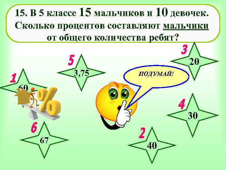 15. В 5 классе 15 мальчиков и 10 девочек. Сколько процентов составляют мальчики от